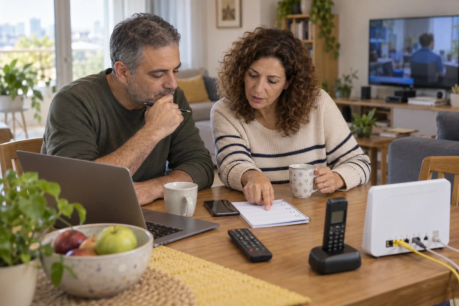 המחשה שנוצרה בבינה מלאכותית: זוג מתכנן מעבר שירותי בית ליד נתב, טלפון ושלט ללא מותג