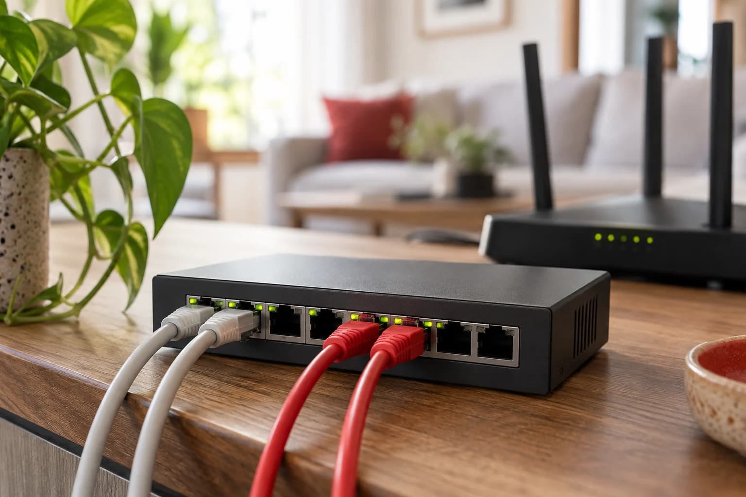 המחשה שנוצרה בבינה מלאכותית: מתג Ethernet וכבלי רשת בעמדת בית; לא ציוד רשמי של HOT