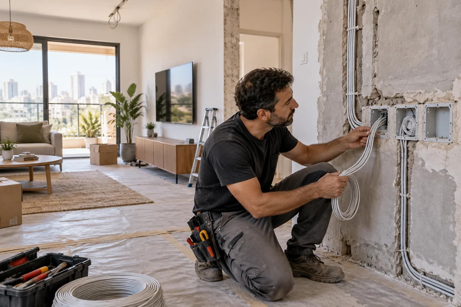 קיר ונקודות תקשורת במהלך שיפוץ דירה כהמחשה לתכנון לפני גמר · תמונת המחשה שנוצרה באמצעות בינה מלאכותית