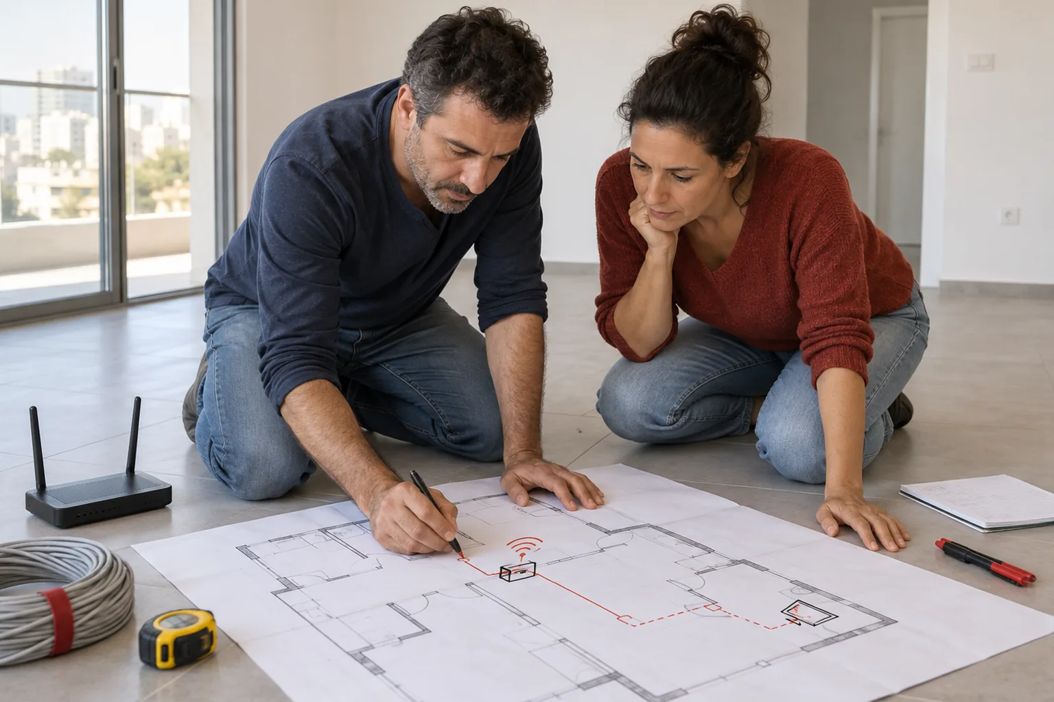 תמונה מקורית המדגימה מיקום מרכזי לנתב ו־מסכים ודרכי צפייה